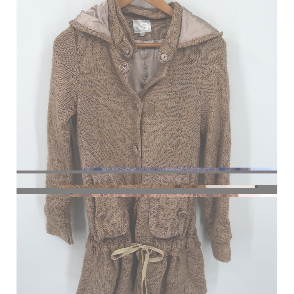 LuPruia Open Knit Sz M Cardigan Hooded Taupe Boho Artisanal Cottagecore Jacket